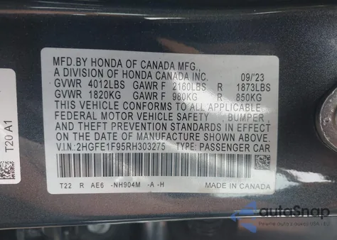 2024 Honda Civic Touring from USA, damaged, VIN 2HGFE1F95RH303275